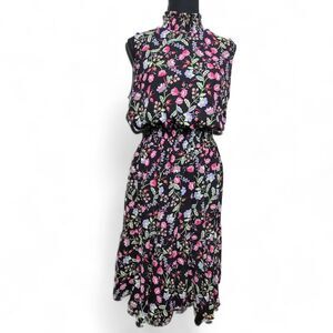 Nanette Lepore Midi Dress Women's 10 Black Floral Summer Party Cocktail Coastal